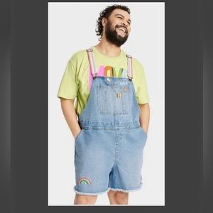 PRIDE unisex queen Adult Rainbow cut off Shortalls Light Wash Lgbtq new queer